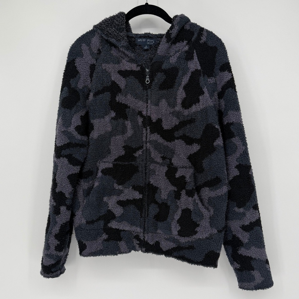 Barefoot Dreams CozyChic Camo Full Zip Hoodie Gray Black Plush Fleece Jacket S